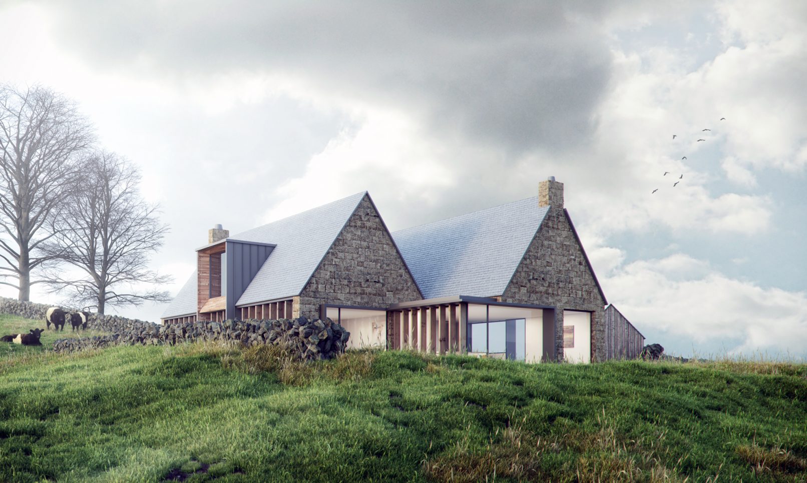 Tib Hill, North York Moors National Park. Pair of contemporary longhouses. Isometric View at Dawn
