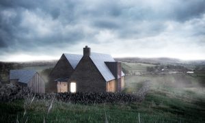 Tib Hill, North York Moors National Park. Pair of contemporary longhouses. Rear View at Dusk