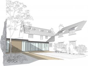 Church Lane Cottage, Hutton Buscel, Scarborough. Contemporary re-modelling and extension to Grade II listed cottage. Perspective View