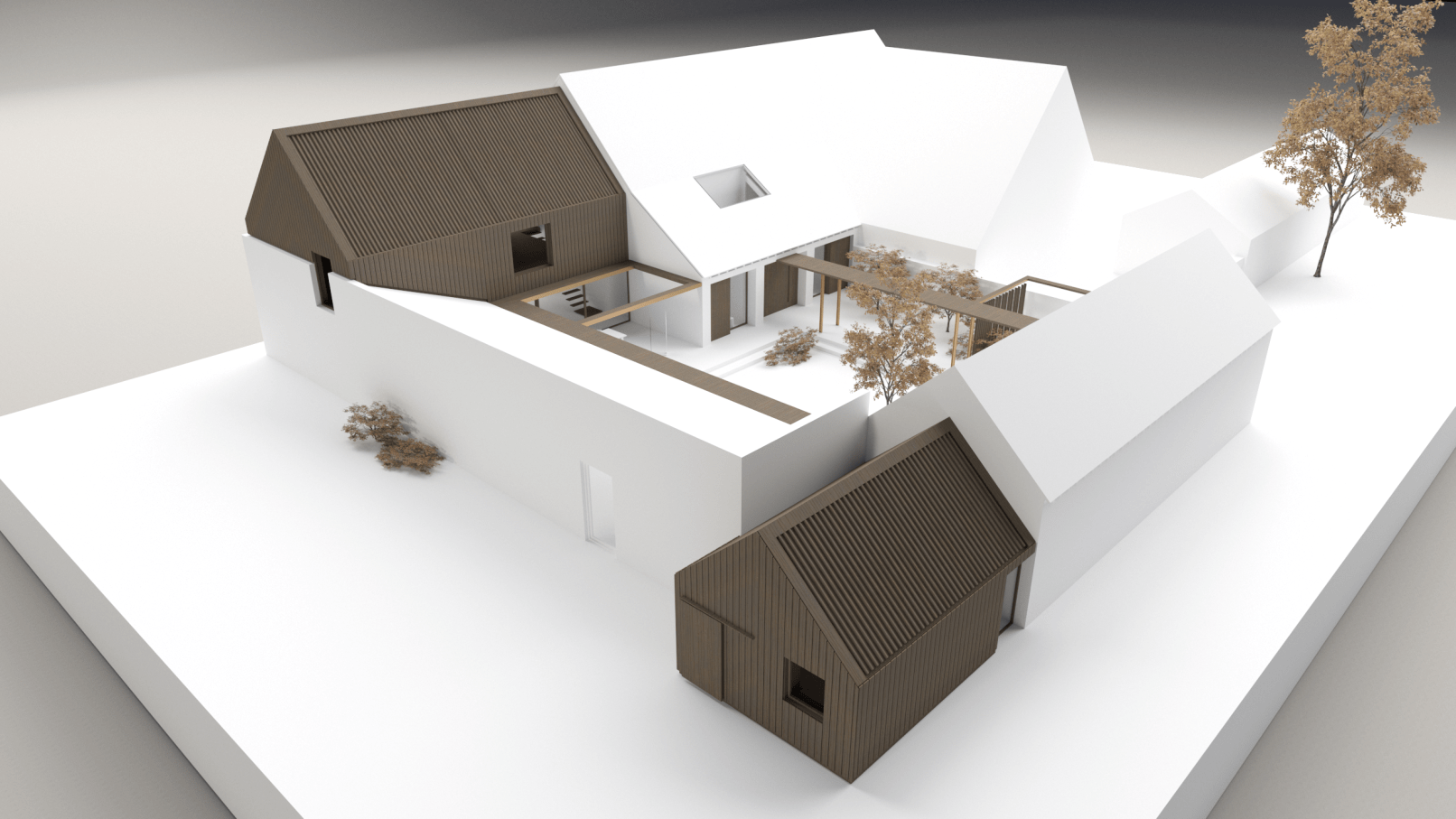 Hill Top Farm, North Cliffe. Concept Model - Courtyard Aerial View with Extensions