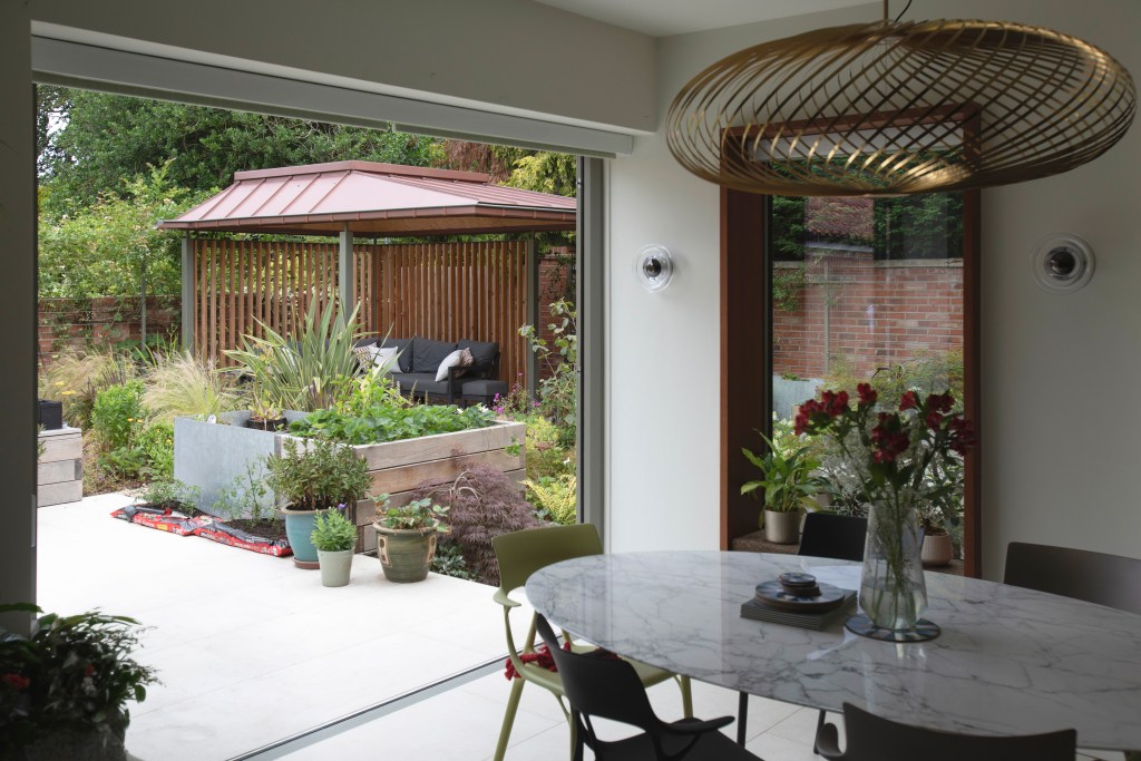 5 Church Lane, York. Contemporary rear extension & garden folly. View from kitchen extension.